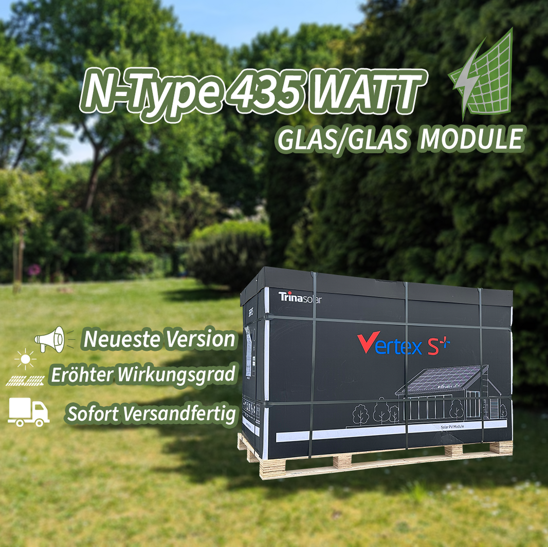Werbeplakat Trina N-Type 435 Watt Glas Modul (Palette mit Schriftzug)